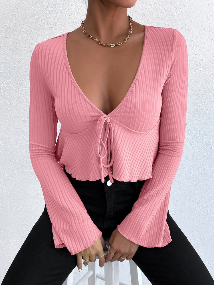 Solid Flounce Sleeve Tie Front Ribbed Knit Top