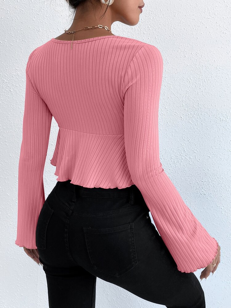 Solid Flounce Sleeve Tie Front Ribbed Knit Top