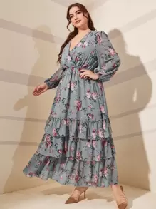 大碼隨機花朵印花燈籠袖交叉領層疊下擺連衣裙 - 霧霾藍 - 查看 1