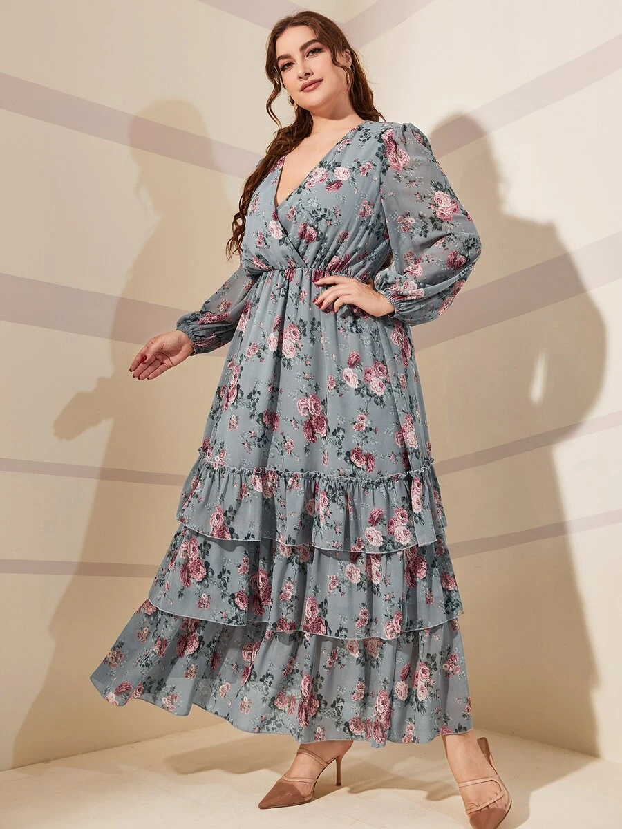 大碼隨機花朵印花燈籠袖交叉領層疊下擺連衣裙 - 霧霾藍 - 查看 1