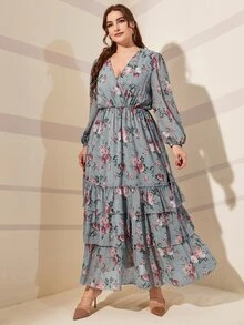 大碼隨機花朵印花燈籠袖交叉領層疊下擺連衣裙 - 霧霾藍 - 查看 3