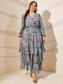 大碼隨機花朵印花燈籠袖交叉領層疊下擺連衣裙 - 霧霾藍 - 查看 4
