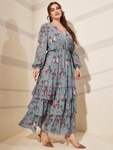 大碼隨機花朵印花燈籠袖交叉領層疊下擺連衣裙 - 霧霾藍 - 查看 5