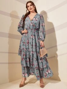 大碼隨機花朵印花燈籠袖交叉領層疊下擺連衣裙 - 霧霾藍 - 查看 6