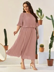 Modelyn 大碼荷葉袖百褶素色連衣裙