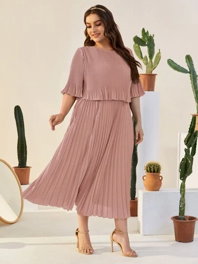 Modelyn 大碼荷葉袖百褶素色連衣裙