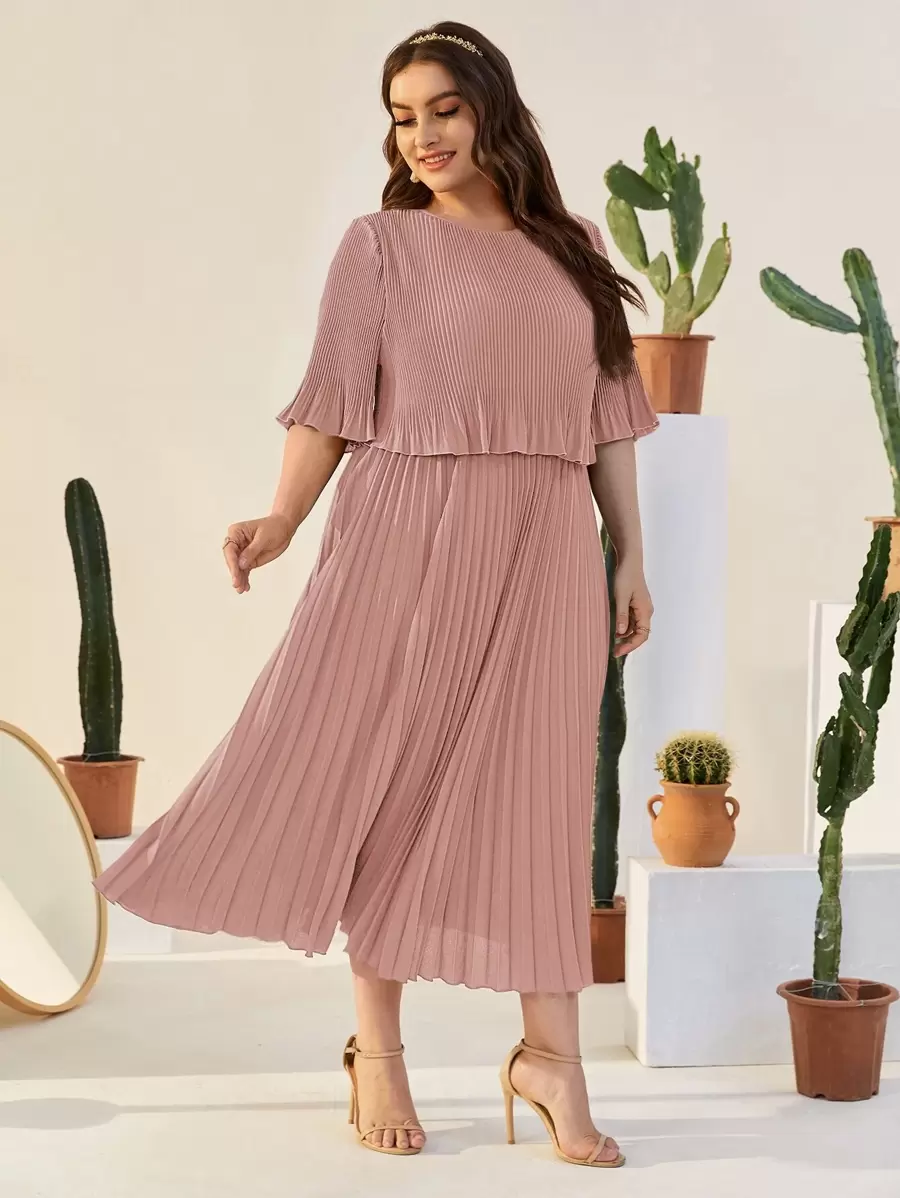 Modelyn 大碼荷葉袖百褶素色連衣裙