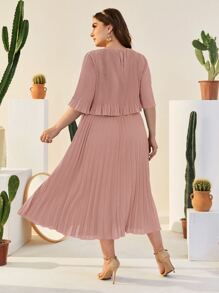 Modelyn 大碼荷葉袖百褶素色連衣裙