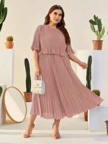 Modelyn 大碼荷葉袖百褶素色連衣裙