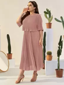 Modelyn 大碼荷葉袖百褶素色連衣裙