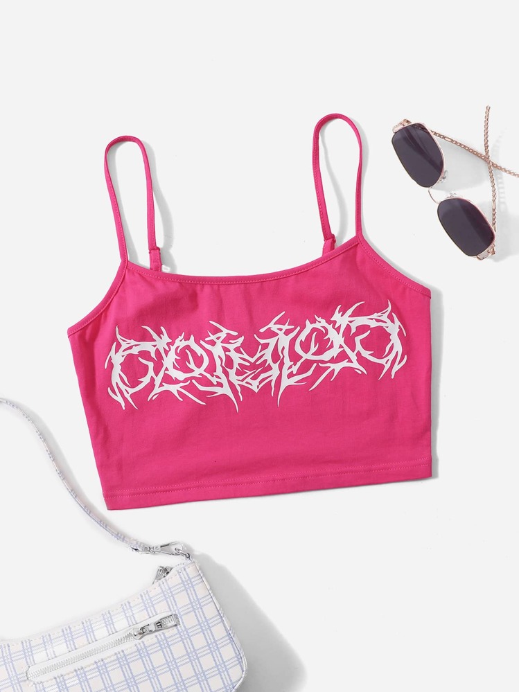 SHEIN Coolane 圖案印花吊帶短上衣 - 玫紅色 - 查看 1