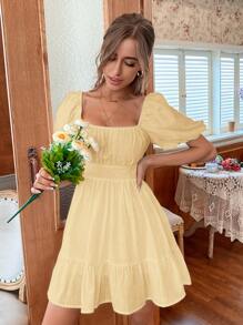 Solid Tie Back Flounce Hem Dress - Yellow - View 1