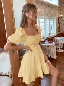 Solid Tie Back Flounce Hem Dress - Yellow - View 3