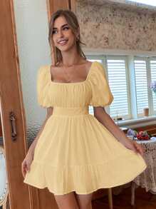 Solid Tie Back Flounce Hem Dress - Yellow - View 4