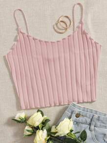 Muchica Áo hai dây Xù nhỏ Gân đan màu trơn Giải trí - Màu Hồng baby - Xem 1