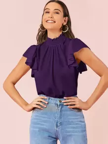 SHEIN Privé 打褶領蝴蝶袖上衣 - 紫色 - 查看 1