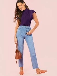 SHEIN Privé 打褶領蝴蝶袖上衣 - 紫色 - 查看 5