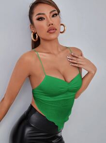 SHEIN PETITE Áo hai dây Bất đối xứng Lộ Lưng Ren lên Xù nhỏ Gân đan Nếp gấp Phần Ngực màu trơn Gợi cảm - màu xanh lá - Xem 3