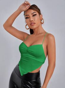 SHEIN PETITE Áo hai dây Bất đối xứng Lộ Lưng Ren lên Xù nhỏ Gân đan Nếp gấp Phần Ngực màu trơn Gợi cảm - màu xanh lá - Xem 4