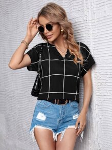 SHEIN LUNE Windowpane Print Batwing Sleeve Blouse - Black - View 1