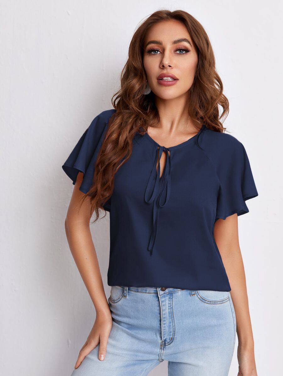 SHEIN Clasi Tie Neck Flounce Sleeve Top - Navy Blue - View 1
