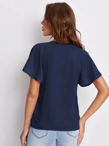 SHEIN Clasi Tie Neck Flounce Sleeve Top - Navy Blue - View 2