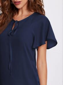 SHEIN Clasi Tie Neck Flounce Sleeve Top - Navy Blue - View 4