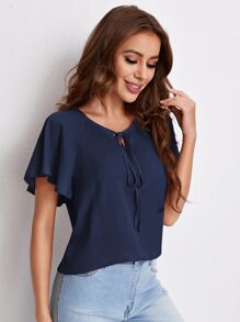 SHEIN Clasi Tie Neck Flounce Sleeve Top - Navy Blue - View 5