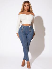 SHEIN SXY Jeans ajustados con botón delantero - Azul lavado medio - Ver 1