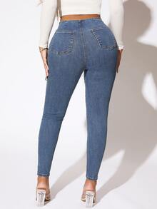 SHEIN SXY Jeans ajustados con botón delantero - Azul lavado medio - Ver 2