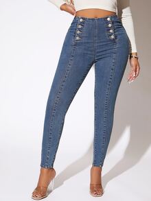 SHEIN SXY Jeans ajustados con botón delantero - Azul lavado medio - Ver 3