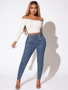 SHEIN SXY Jeans ajustados con botón delantero - Azul lavado medio - Ver 4