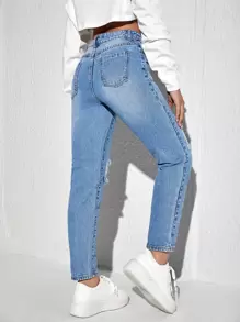 SHEIN EZwear Jeans ajustados mom rotos de talle alto - Lavado ligero - Ver 2