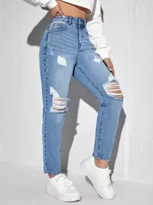 SHEIN EZwear Jeans ajustados mom rotos de talle alto - Lavado ligero - Ver 3