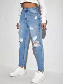 SHEIN EZwear Jeans ajustados mom rotos de talle alto - Lavado ligero - Ver 4