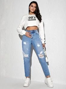 SHEIN EZwear Jeans ajustados mom rotos de talle alto - Lavado ligero - Ver 5