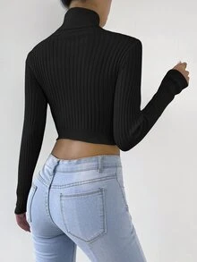 Jersey de cuello cisne corto tejido de canalé - Negro - Ver 2