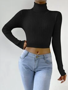 Jersey de cuello cisne corto tejido de canalé - Negro - Ver 3