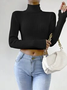 Jersey de cuello cisne corto tejido de canalé - Negro - Ver 4