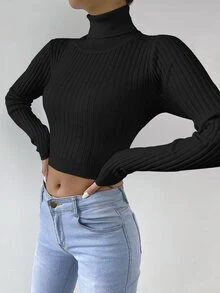 Jersey de cuello cisne corto tejido de canalé - Negro - Ver 5