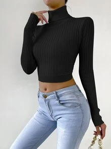 Jersey de cuello cisne corto tejido de canalé - Negro - Ver 6