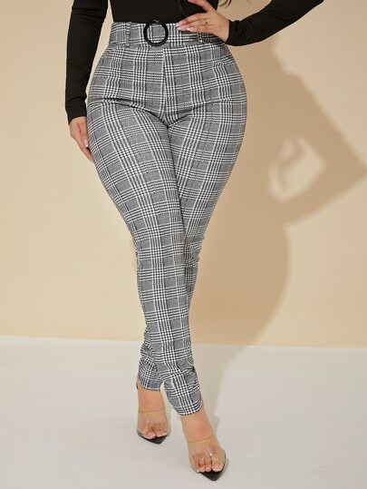 SHEIN SXY Pantalones de traje con patrón de pata de gallo para mujer de talla grande, ajuste ceñido y versátil