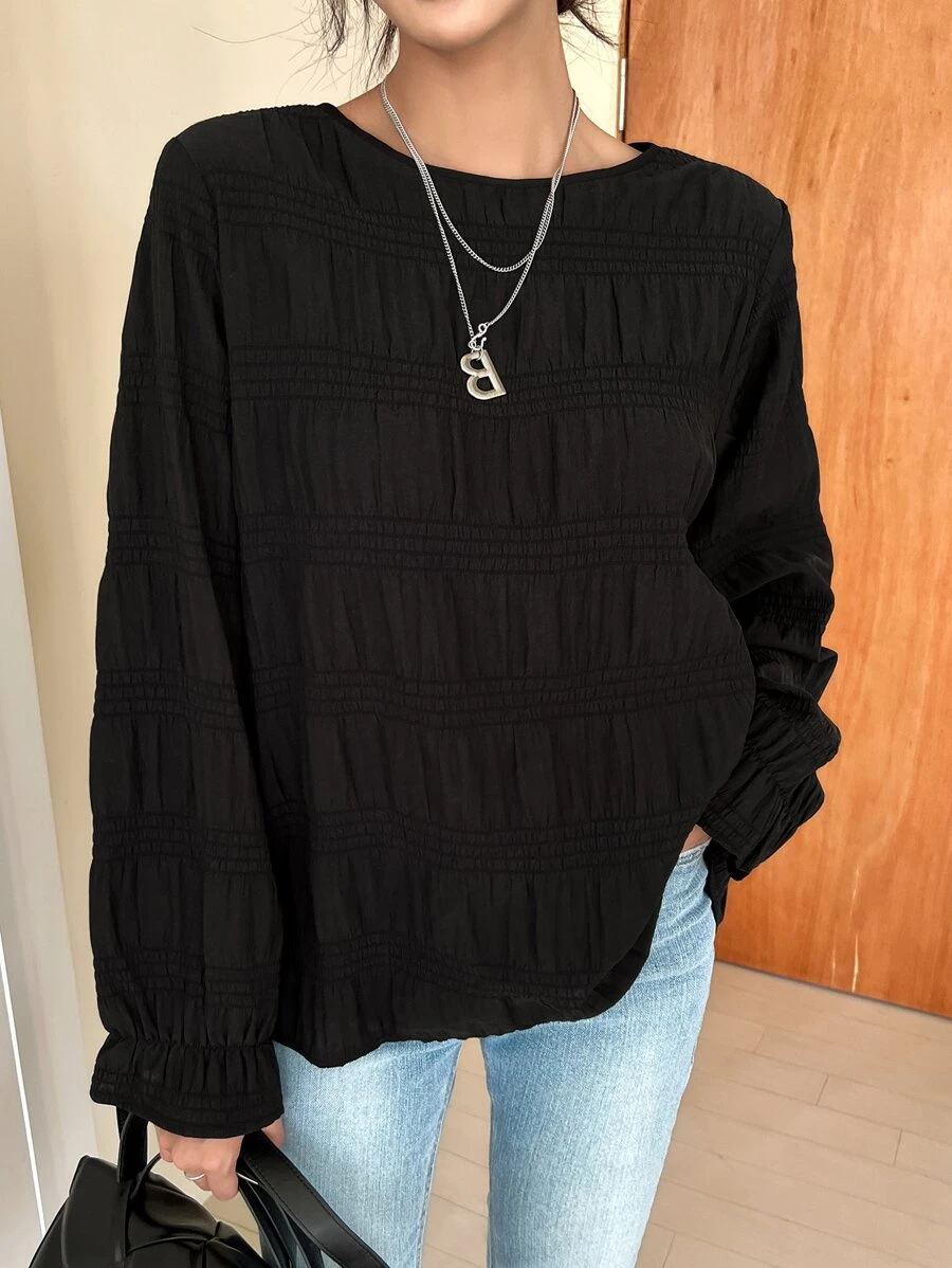 DAZY Flounce Sleeve Keyhole Back Blouse - Black - View 1