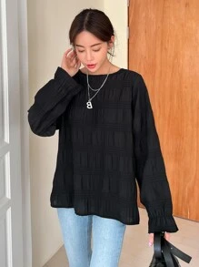 DAZY Flounce Sleeve Keyhole Back Blouse - Black - View 4