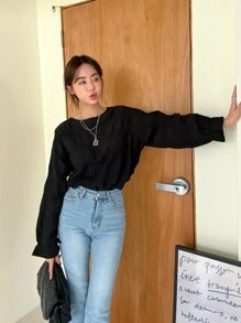 DAZY Flounce Sleeve Keyhole Back Blouse - Black - View 5