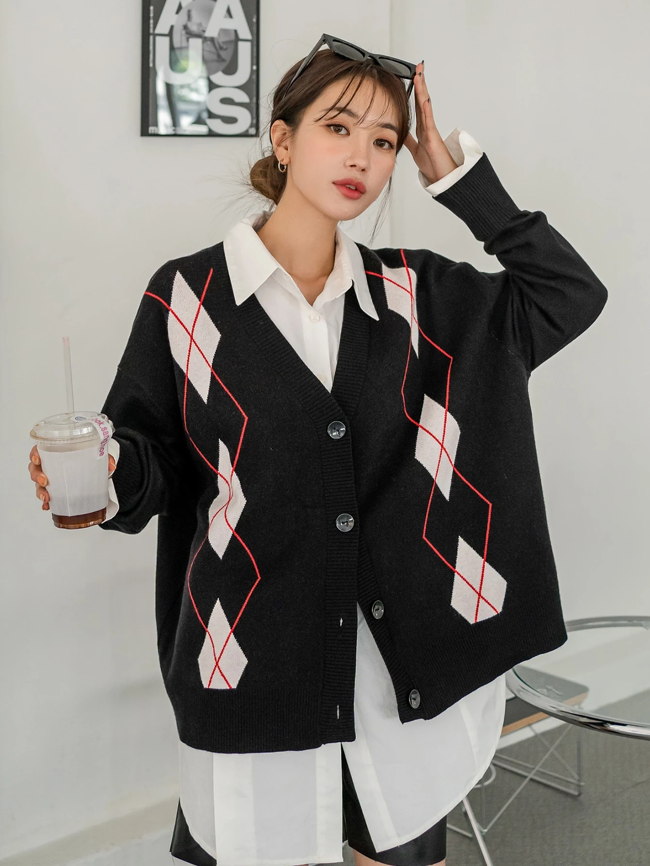 Dazy アーガイルパターン ドロップショルダー カーディガン