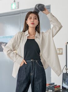 DAZY Vertical Striped Drop Shoulder Shirt - Multicolor - View 1