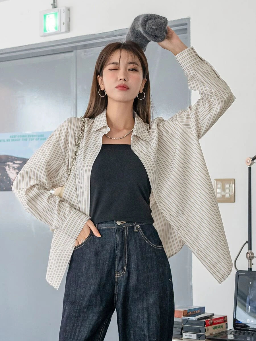 DAZY Vertical Striped Drop Shoulder Shirt - Multicolor - View 1