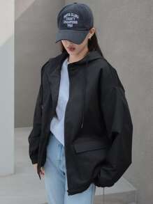 DAZY 落肩抽绳连帽夹克，秋装 - 黑色 - 查看 5