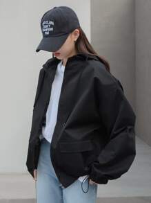 DAZY 落肩抽绳连帽夹克，秋装 - 黑色 - 查看 6